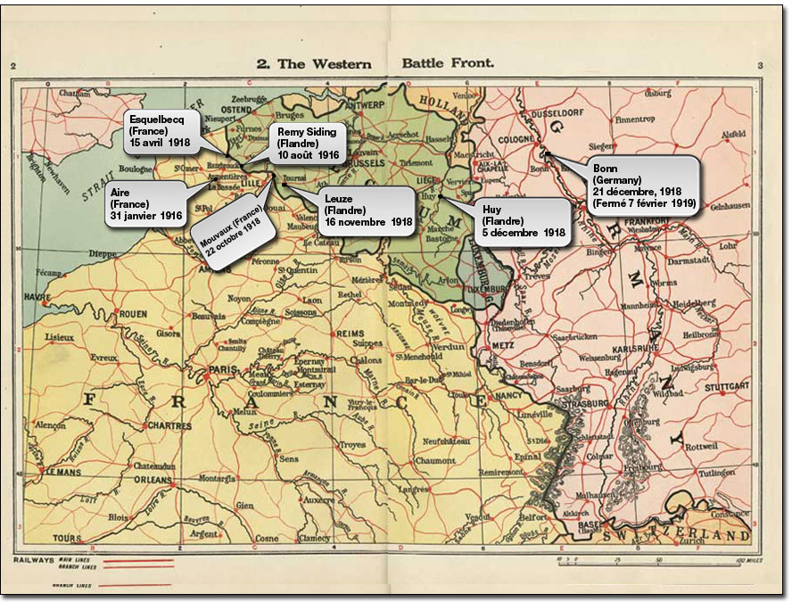 « The Western Battle Front, » dans Nelson's Map Book of the World Wide War [entre 1914-1918], (pages 2-3). Collection de documents militaires, F 895, Archives publiques de l’Ontario, I0073460