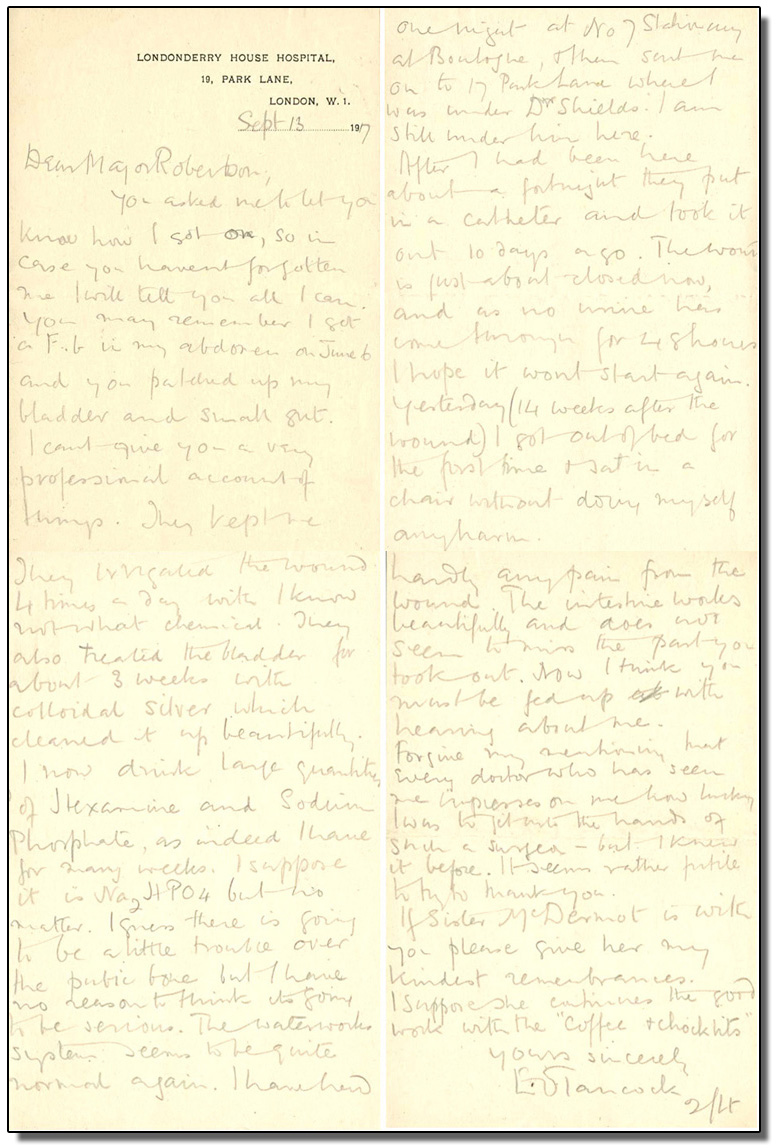 Letter from E. Stancock to L Bruce Robertson, Sept. 13, 1917