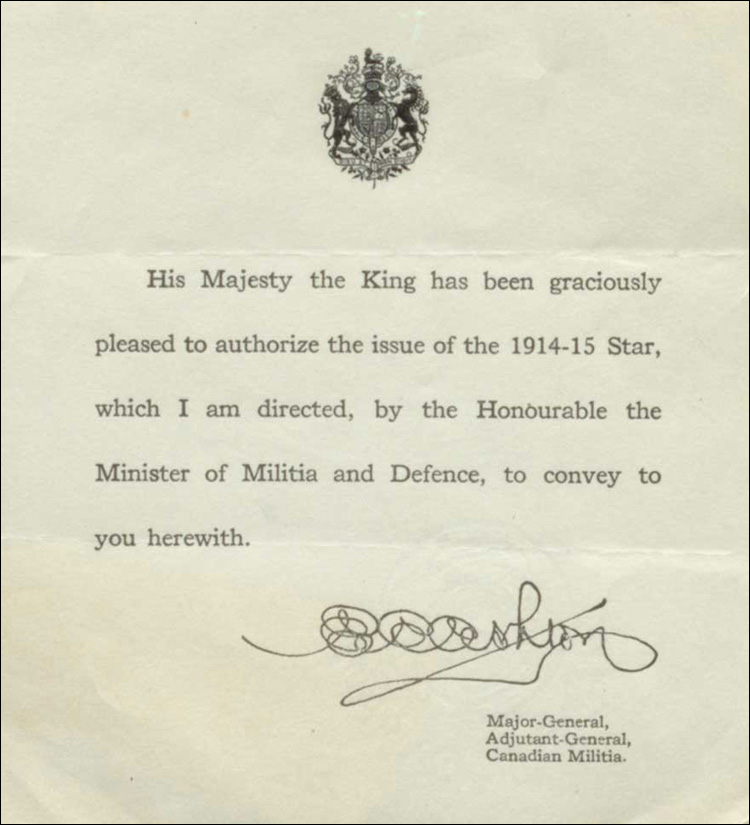 Letter issuing the 1914-15 Star to Robertson ca. 1918