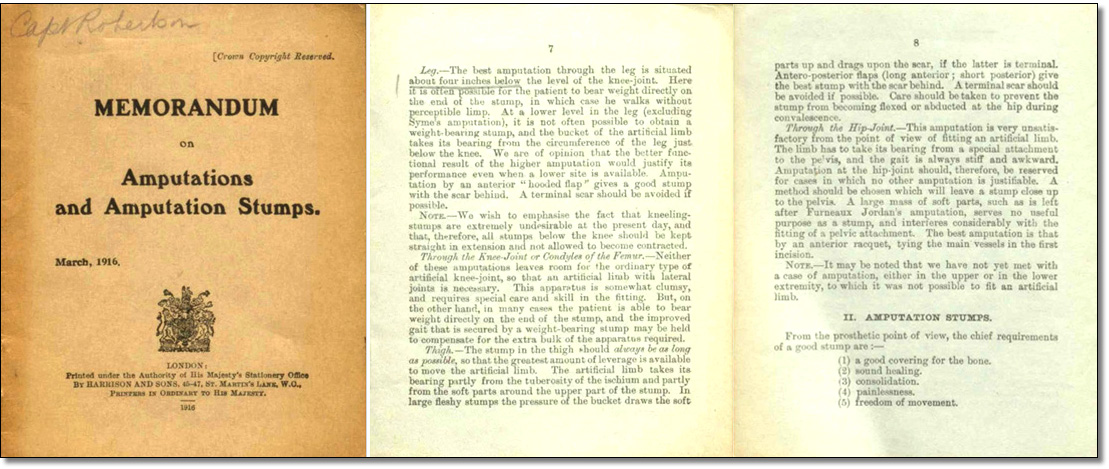 Exposé sur les amputations et les moignons (couverture, pages 7 et 8), mars 1916
