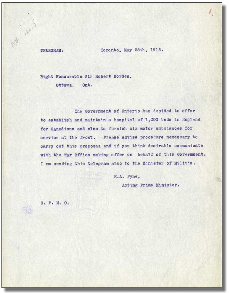 Telegram from Minister R.A. Pyne to Prime Minister Sir Robert Borden, May 28, 1915.
