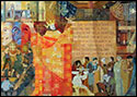 Detail from Stratford — a colourful, geometric painting created by Donald Lewis circa 1968 and featuring Shakespeare and theatre imagery to depict Stratford, Ontario