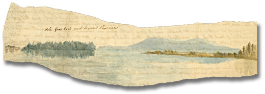 Watercolour painting by Elizabeth Simcoe showing a lake with distant trees and hills