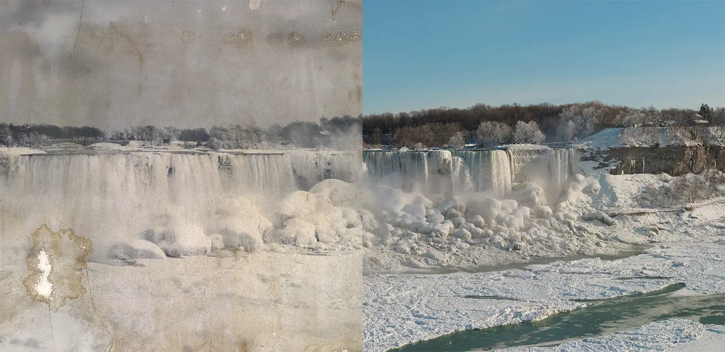 A wintery landscape of the American Falls at Niagara, with a black-and-white photograph of half the Falls on the left side and a colour photo of the other half on the right.