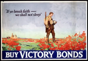 Poster depicting a soldier in a field of poppies and the words BUY VICTORY BONDS.