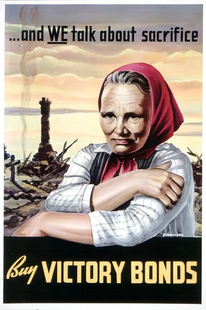Affiche de guerre montrant une femme âgée, un foulard rouge sur les cheveux. Derrière elle, on voit des décombres et un ciel rose/gris. Au-dessus de sa tête on peut lire, "…and WE talk about sacrifice" […et nous parlons de sacrifice]. Elle est accoudée sur un rectangle noir où il est écrit en jaune Buy Victory Bonds [Achetez des obligations de la victoire].