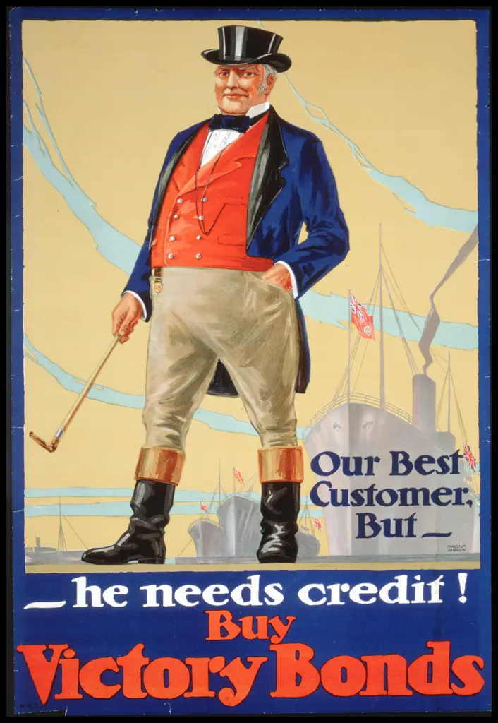 Affiche des emprunts de la victoire représentant John Bull vêtu d’un chapeau haut de forme, d’une queue-de-pie et de culottes.