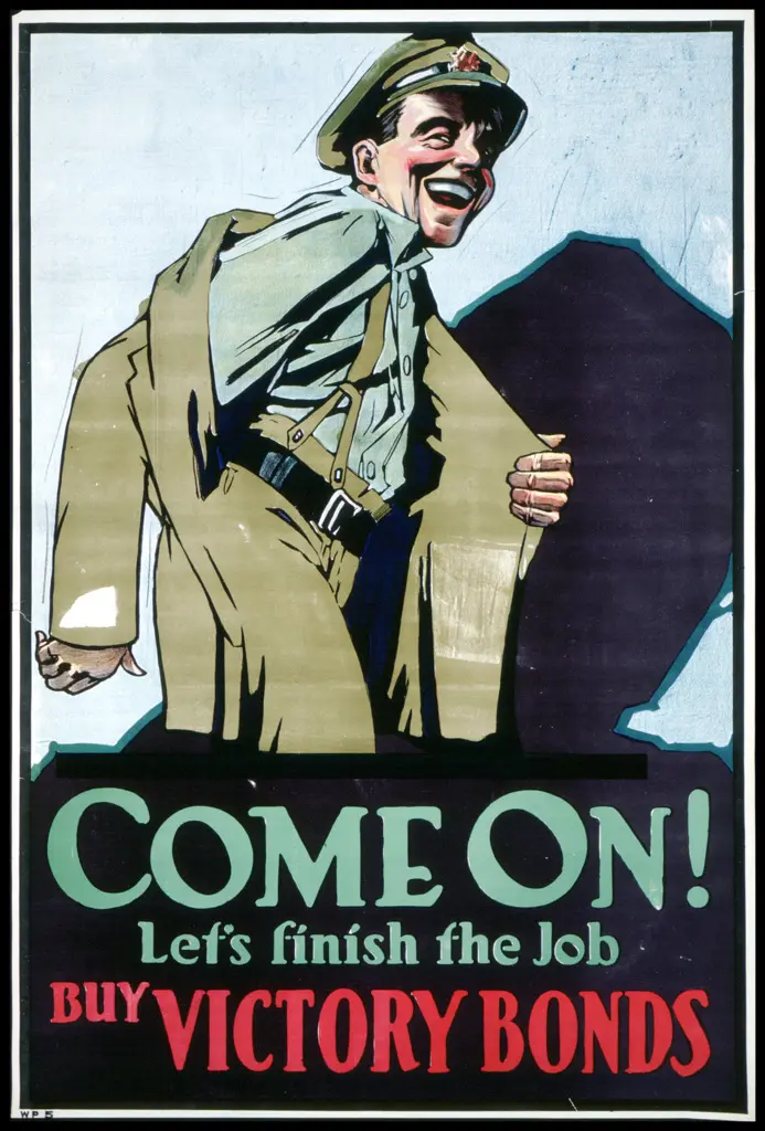 Image alt text Poster with a smiling man in uniform pulling at his coat. Affiche représentant un homme en uniforme qui sourit en retirant son manteau.