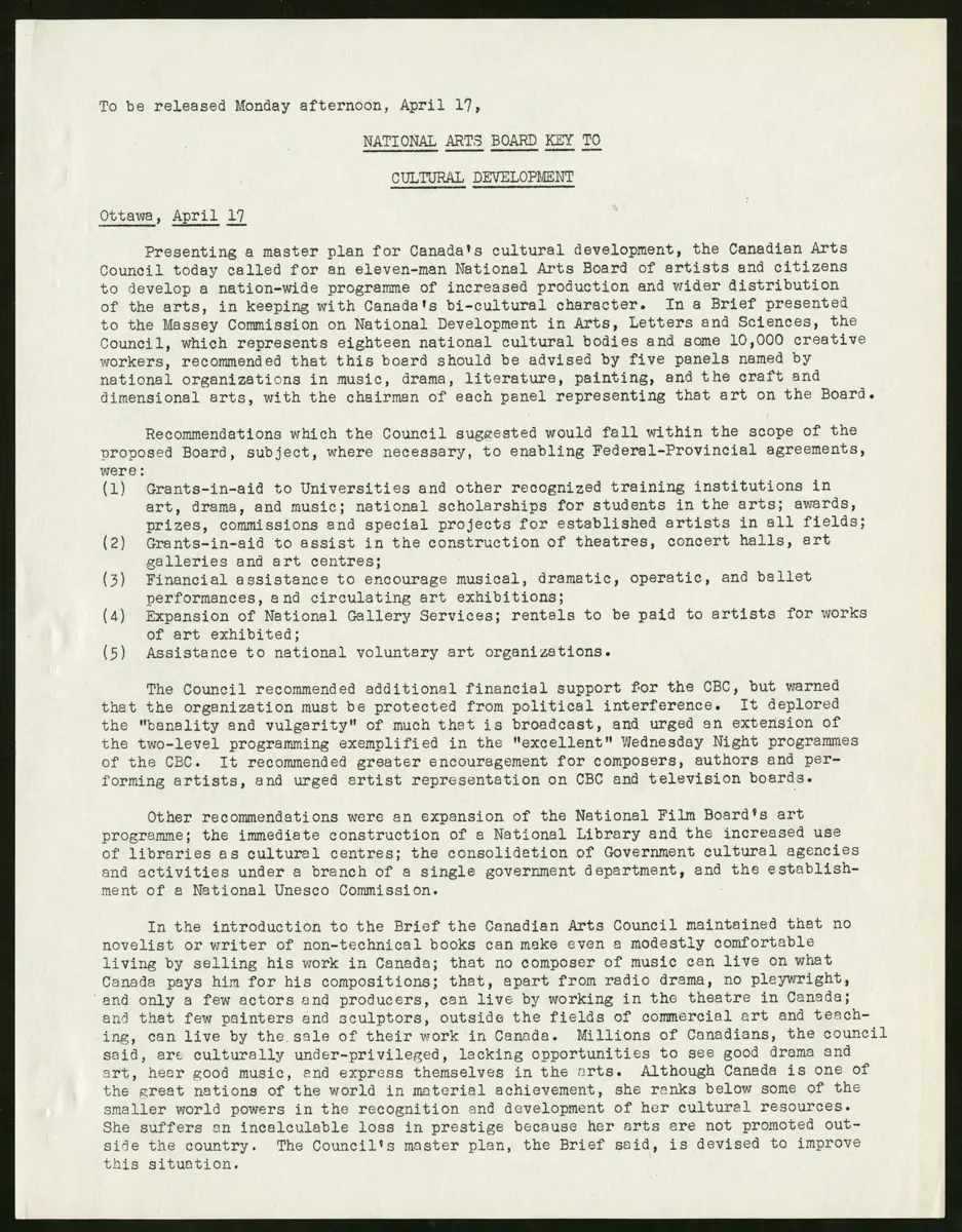 Document National Arts Board Key to Cultural Development, qui dresse une liste de recommandations pour soutenir les arts au Canada.