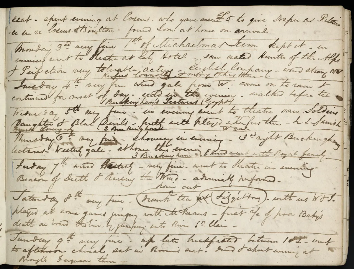 Handwritten page from the diary of Larratt William Smith, with entries for August 2-9, 1840.
