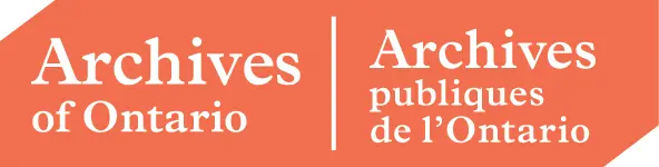Stylized logo of the Archives of Ontario / Archives publiques de l'Ontario featuring and orange background and white writing