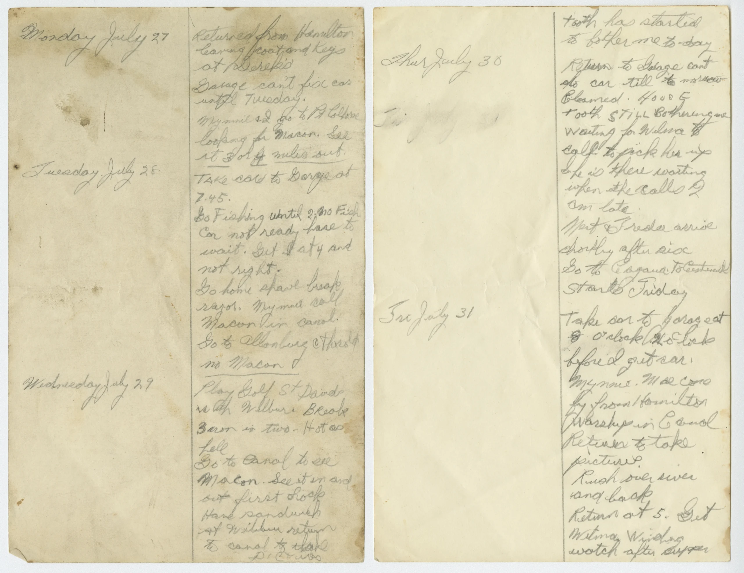 Colour photographs of white, slightly discoloured pages bearing handwritten notes.