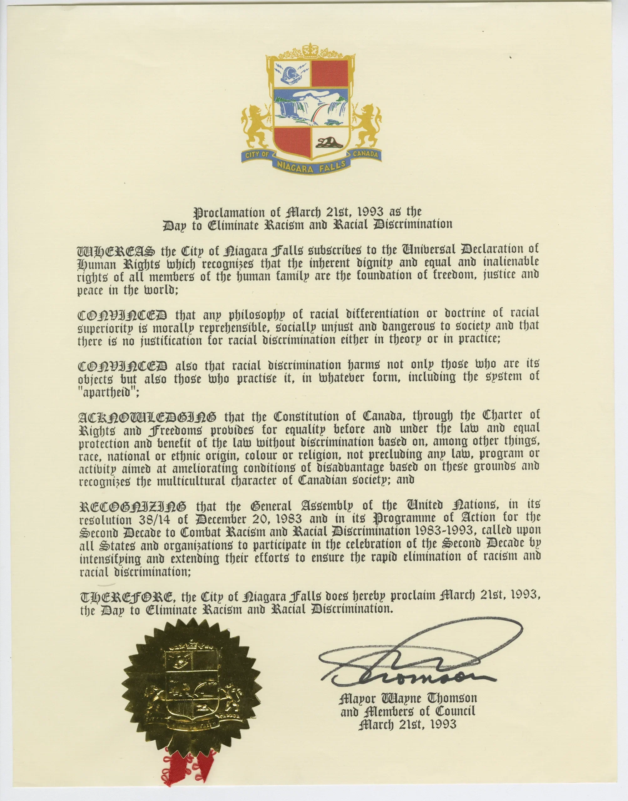 Certificat couleur crème avec texte calligraphié imprimé, sceau doré en bas et armoiries de la ville de Niagara Falls (Canada) en haut.