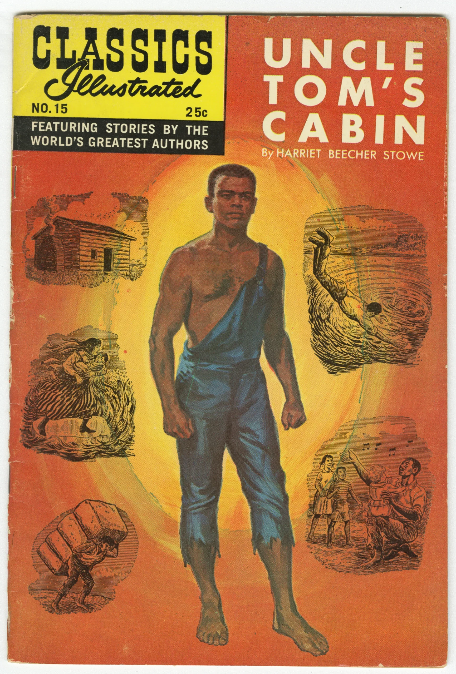 Colour printed cover of a comic book, depicting hand-drawn illustrations of a young Black man in torn clothing surrounded by illustrated vignettes of five scenes from the book. The title on the cover reads “Classics Illustrated. Uncle Tom’s Cabin.”