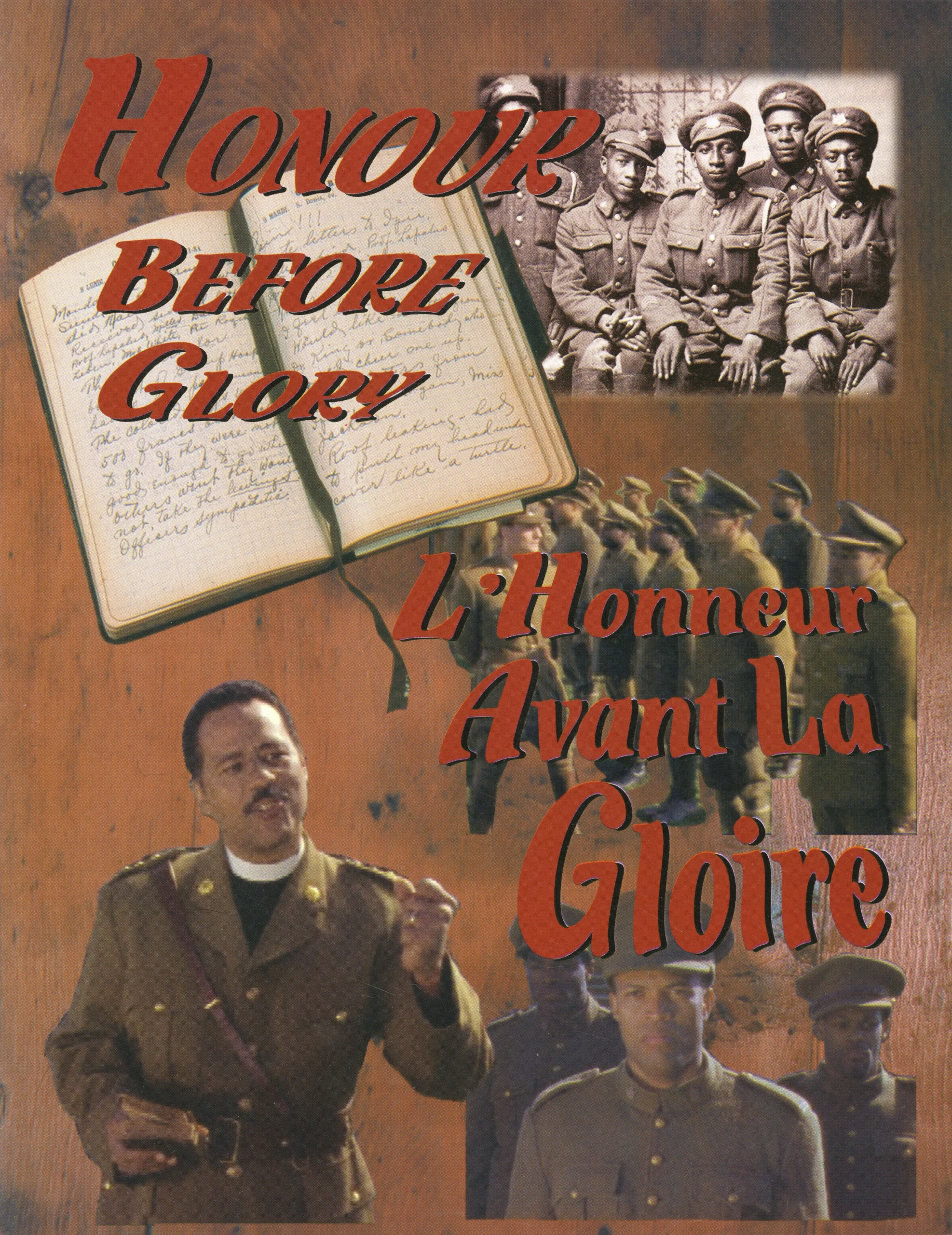Photo couleur d’une page couverture de dossier imprimée, sur laquelle se trouvent des illustrations de soldats noirs en uniforme militaire et le titre Honour Before Glory/L’Honneur Avant la Gloire.