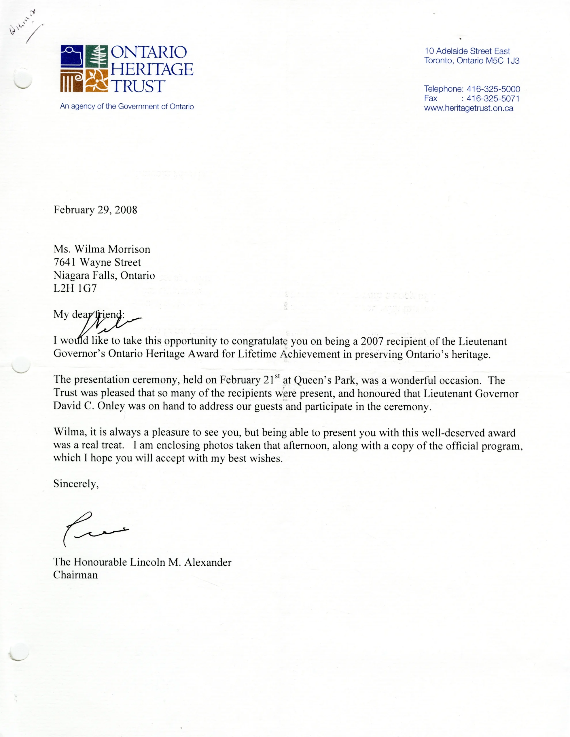 Lettre dactylographiée sur une feuille de papier blanche arborant le logo de la Fiducie du patrimoine ontarien dans l’en-tête.