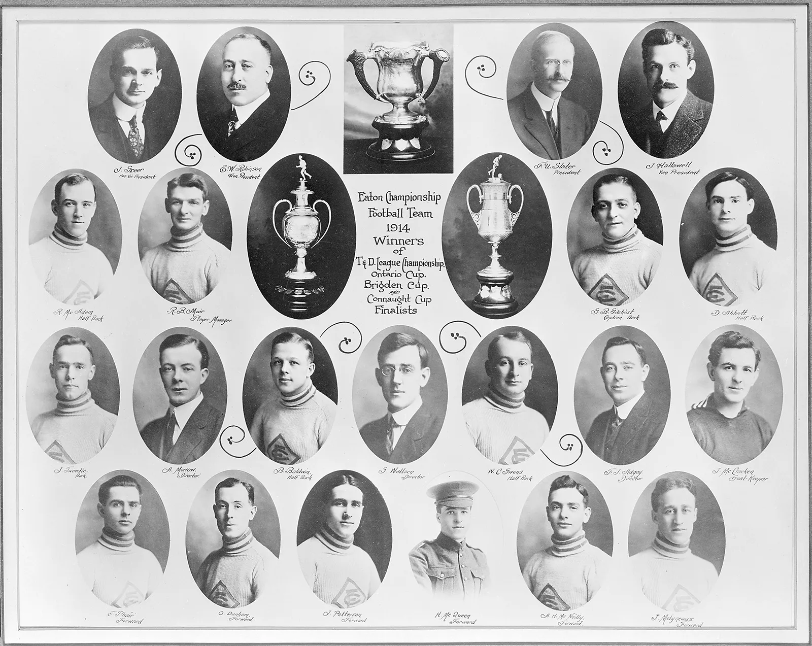 Black-and-white composite print of individual headshots of members of the Eaton football team, with three trophies displayed in the middle of the print.