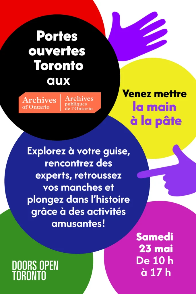 Affiche graphique colorée avec des cercles chevauchants et des mains illustrées. Texte : « Portes ouvertes Toronto aux Archives publiques de l’Ontario 