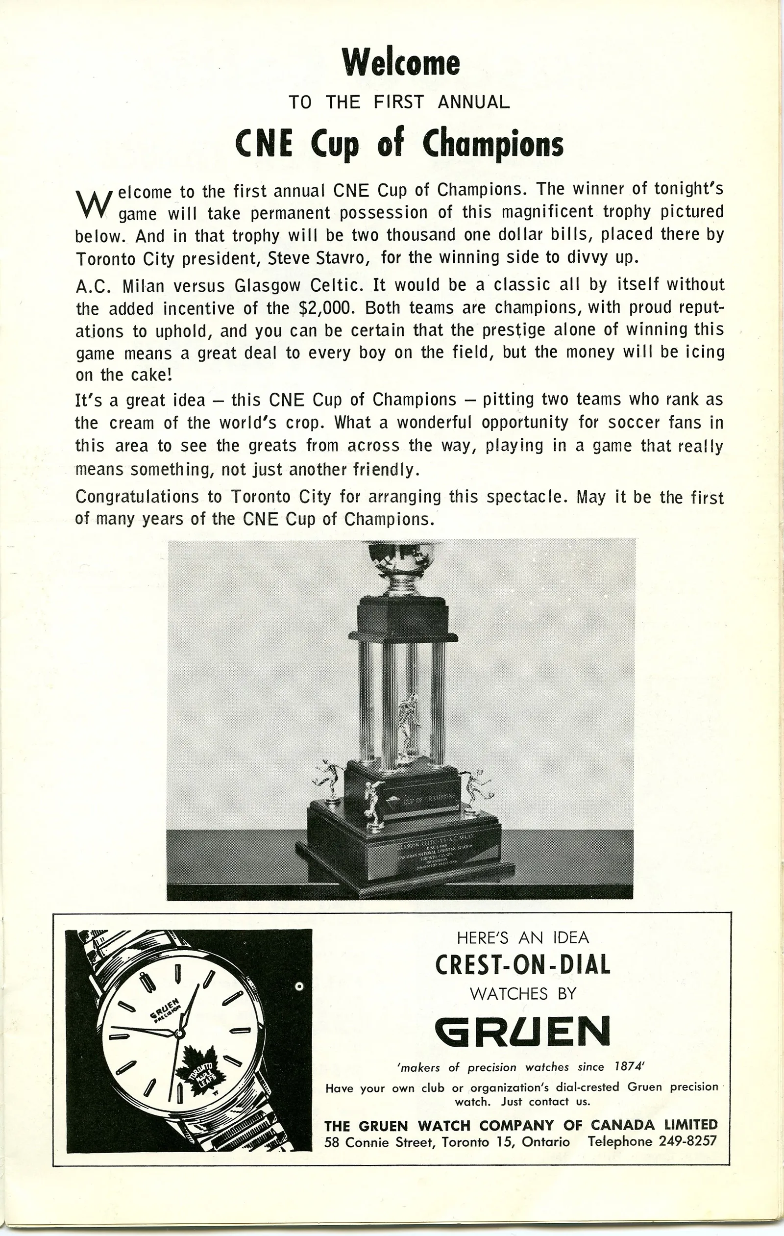 Printed program containing textual information about the C.N.E. Cup of Champions, accompanied by a picture of the trophy. An advertisement for a Gruen brand watch can be seen at the bottom of the page.