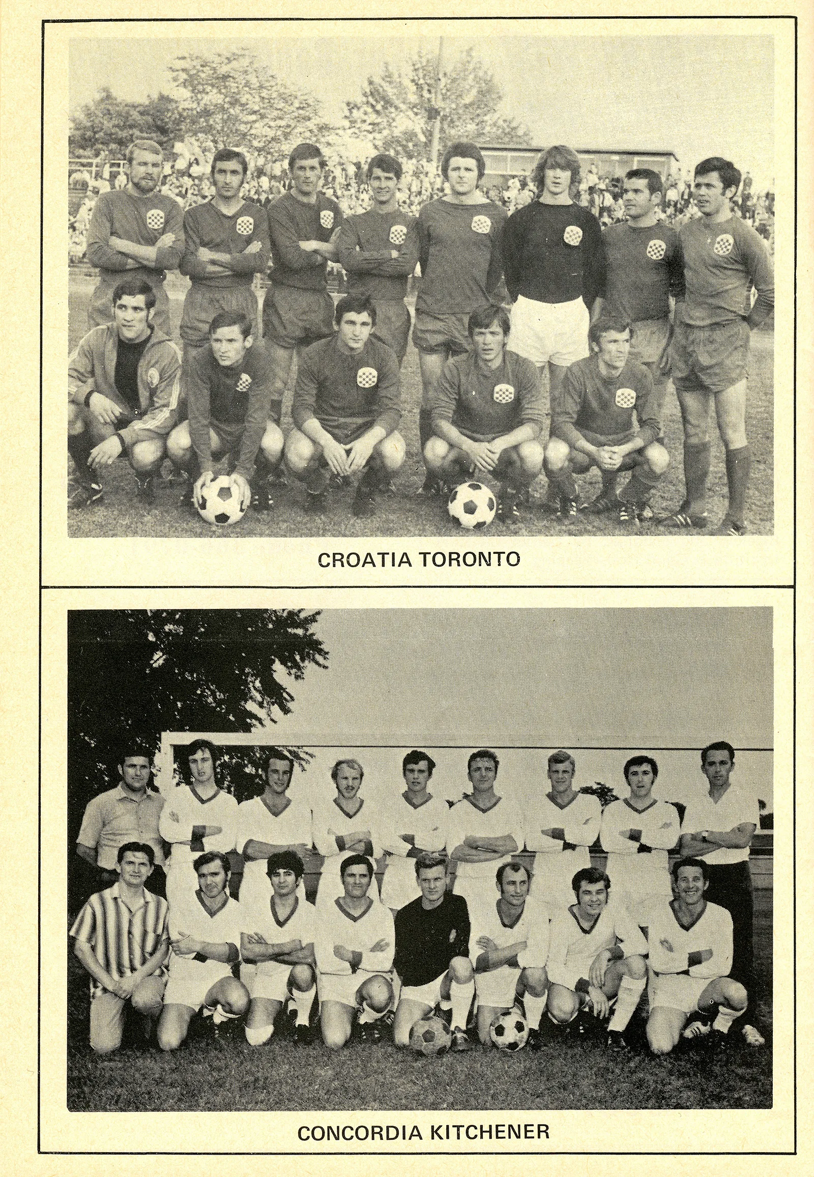 Two black-and-white photos of two soccer teams with uniformed players arranged in two rows and soccer balls on display. The top picture is identified with the caption “Croatia Toronto,” and the bottom picture with the caption “Concordia Kitchener.”