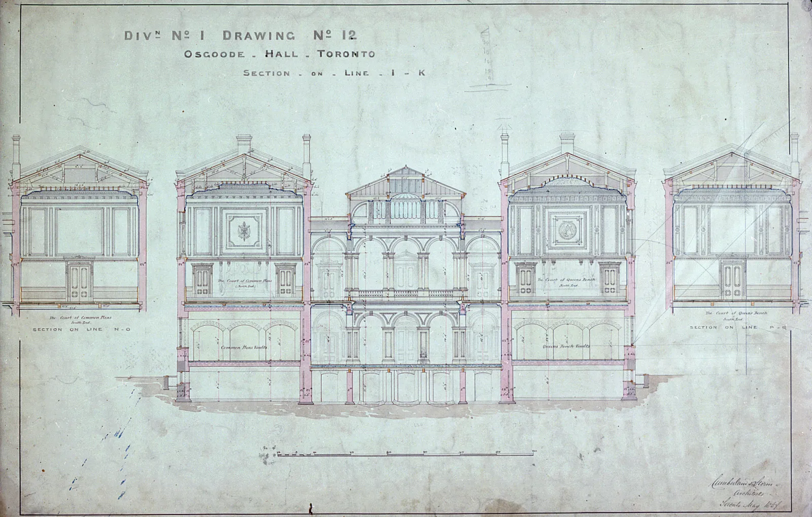 Osgoode Hall, section on line I-K, Div. 1, drawing 12