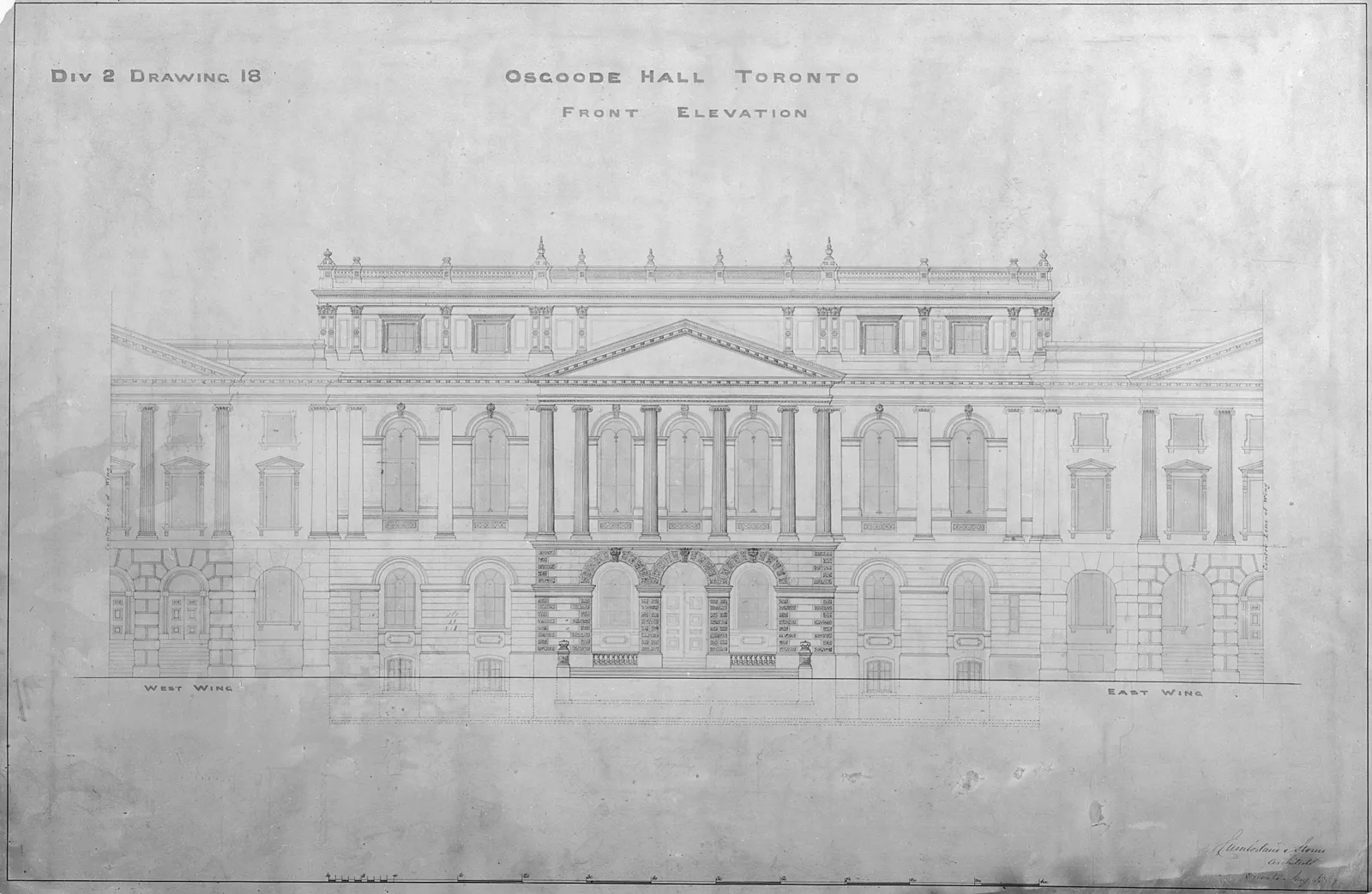 Architectural drawing showing a detailed elevation of the south facade of Osgoode Hall.