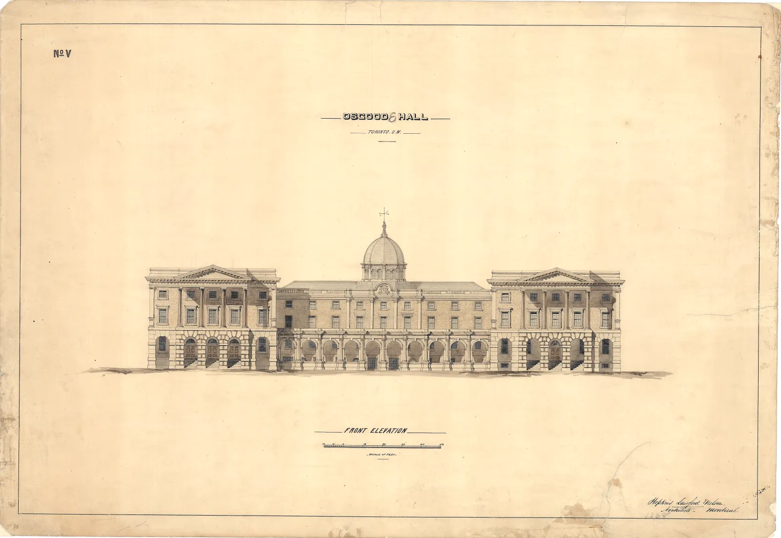 Architectural drawing of the front elevation of Osgoode Hall, depicting a central dome.