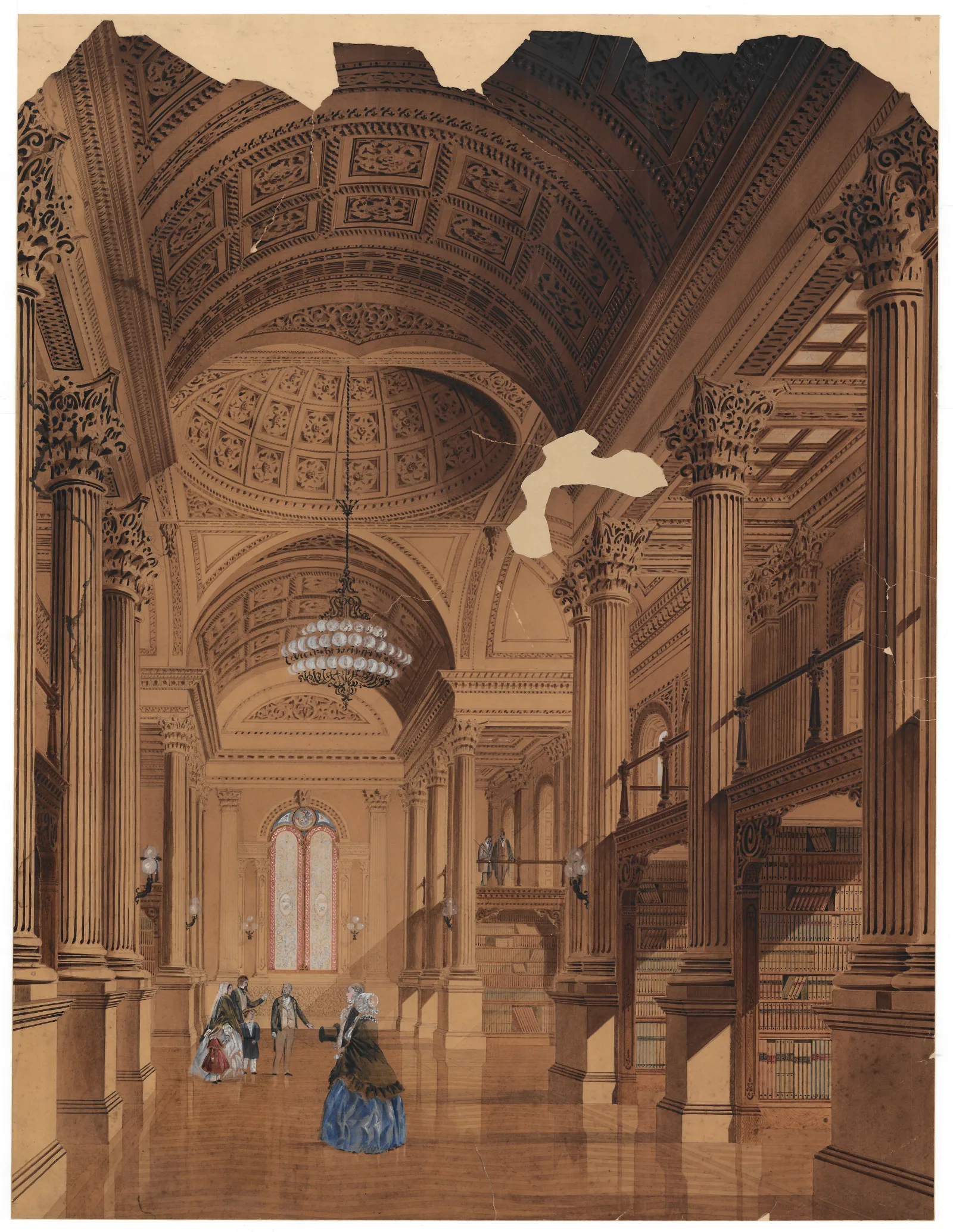 Perspectival architectural painting of the interior of the Great Library, depicting grand Corinthian columns, vaulted ceilings with a large chandelier, and six human figures in nineteenth-century dresses and suits.