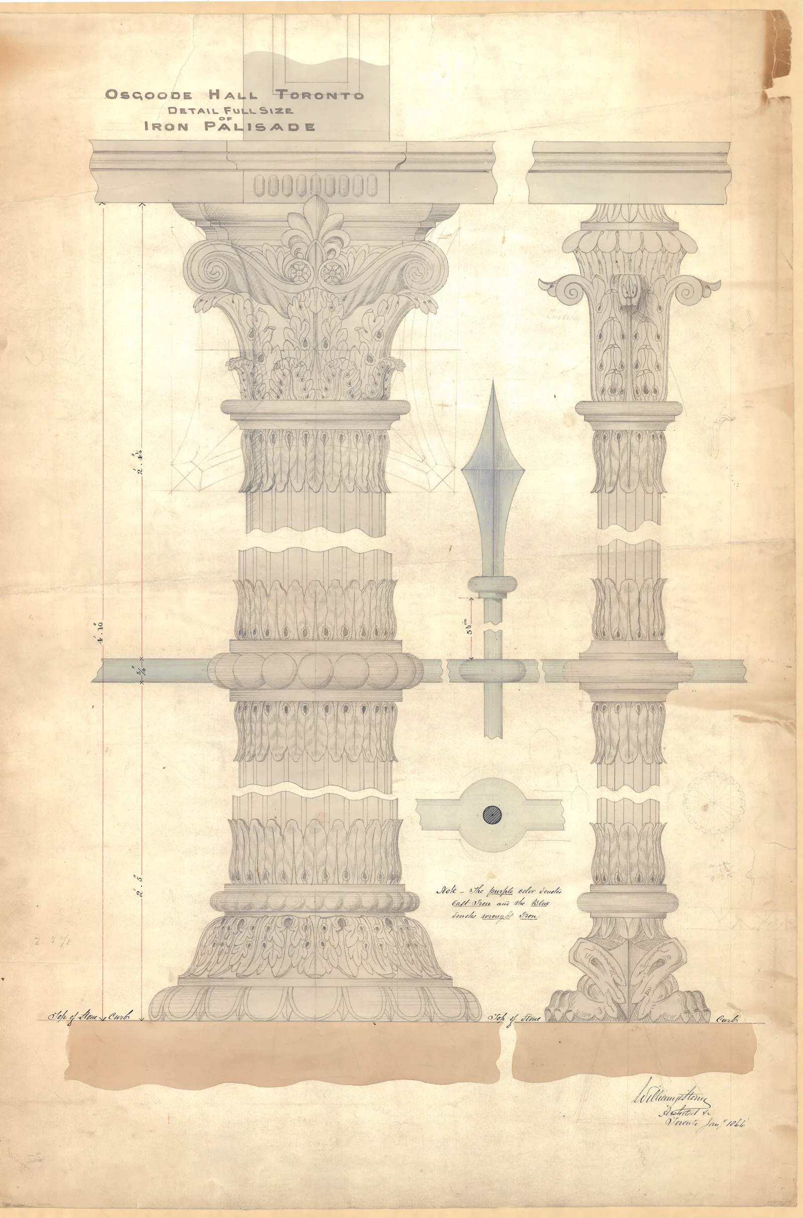 Architectural drawing showing the full-size detail of an iron palisade, featuring ornate details and a central spear-tipped picket.