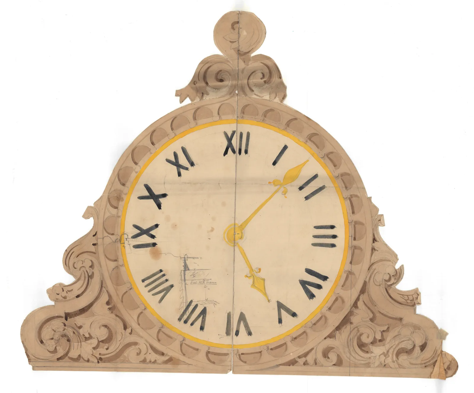 Illustration of an ornate analog clock, featuring Roman numerals and decorative scrollwork.