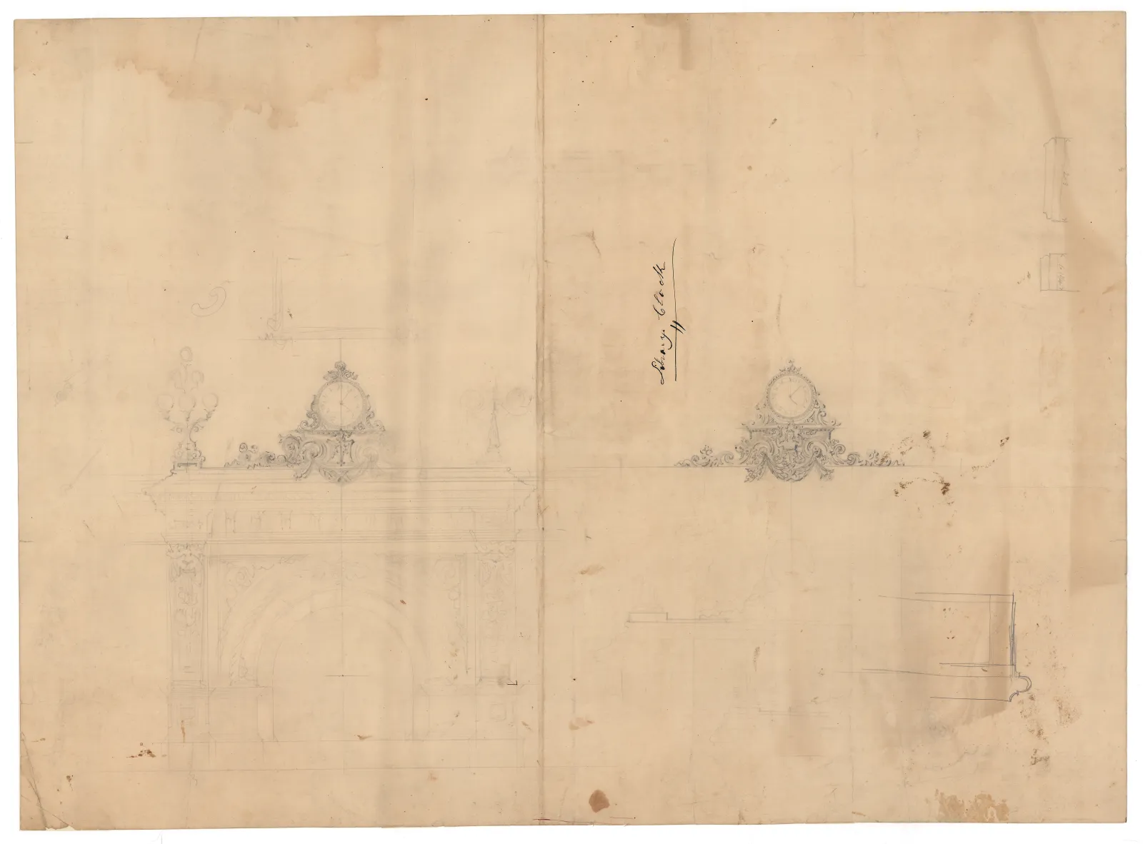 Dessin architectural montrant une esquisse inachevée de la cheminée et de l’horloge de la Grande Bibliothèque, qui présente des détails ornementaux.