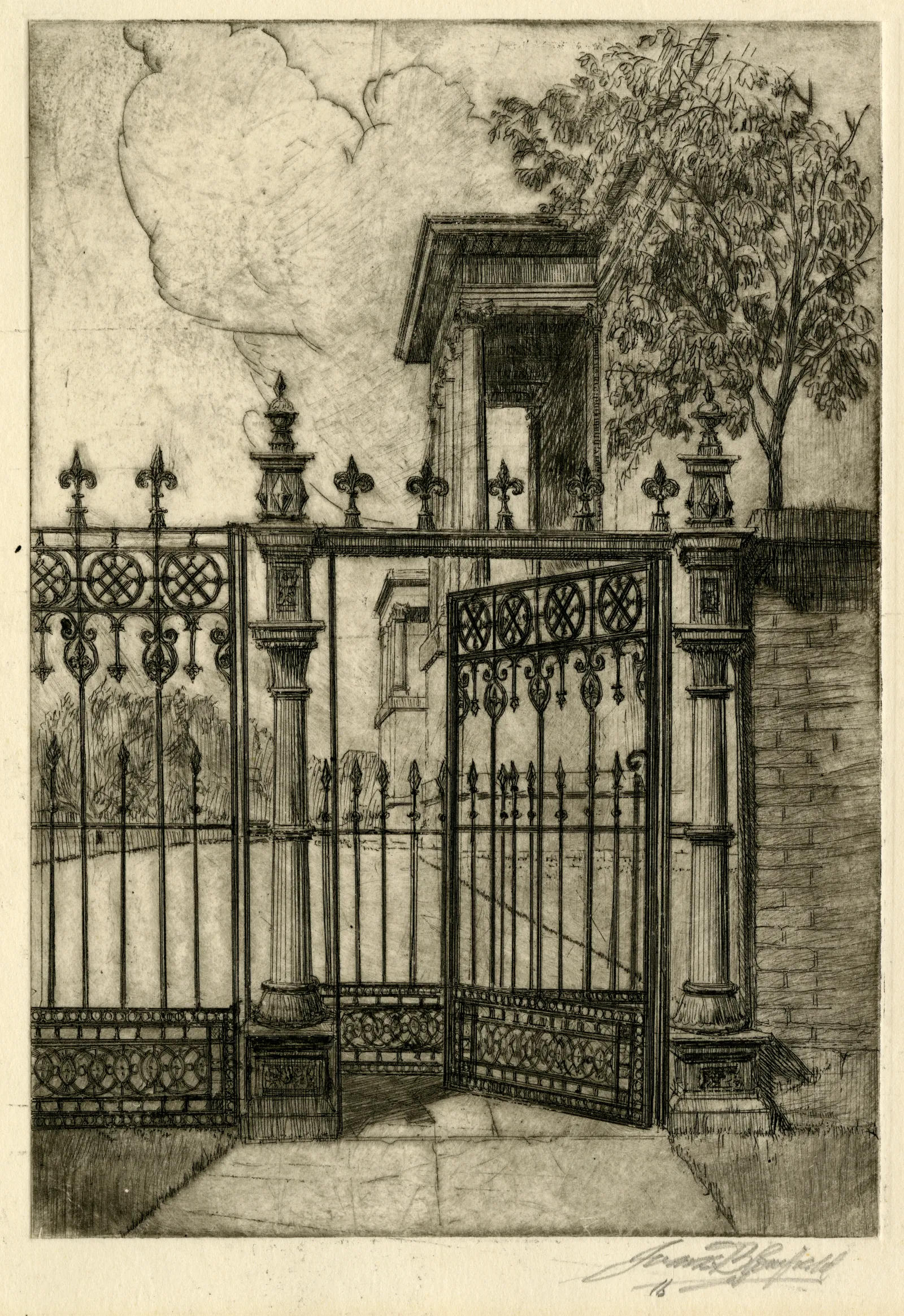 Perspectival sketch of an ornate iron fence. One of the fence’s entrance gates stands open, revealing a view of the building in the background. Osgoode Hall, cow gate, ca. 1930 (James Blomfield art works, F 1125-8-0-0-43, Archives of Ontario, image I0003161)