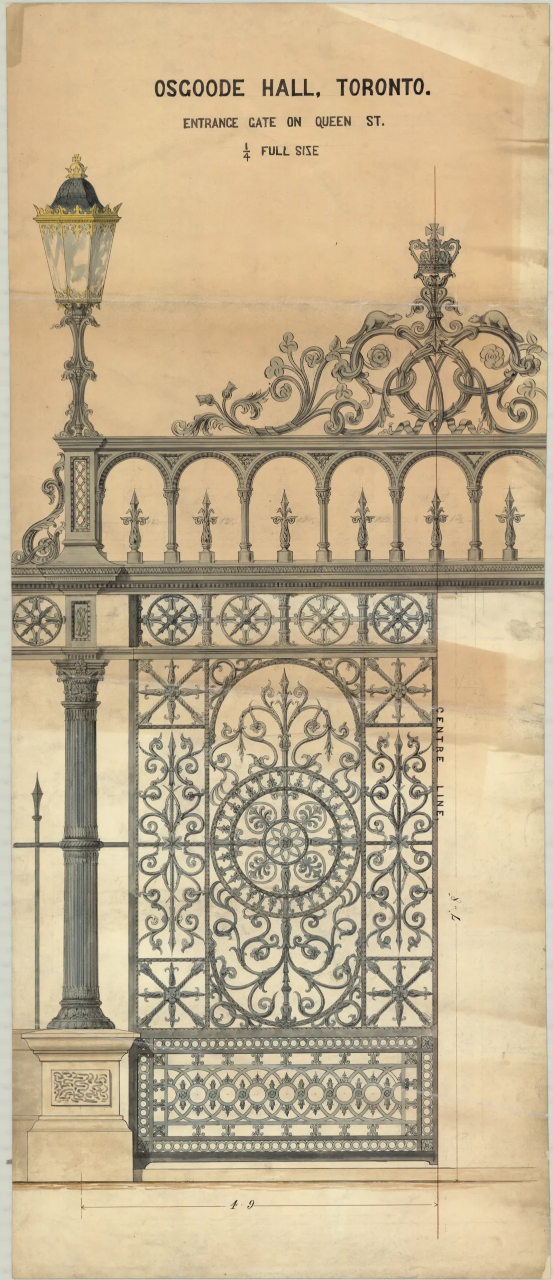 Architectural plan of ornate iron gates, illustrating the intricate details of a single gate.