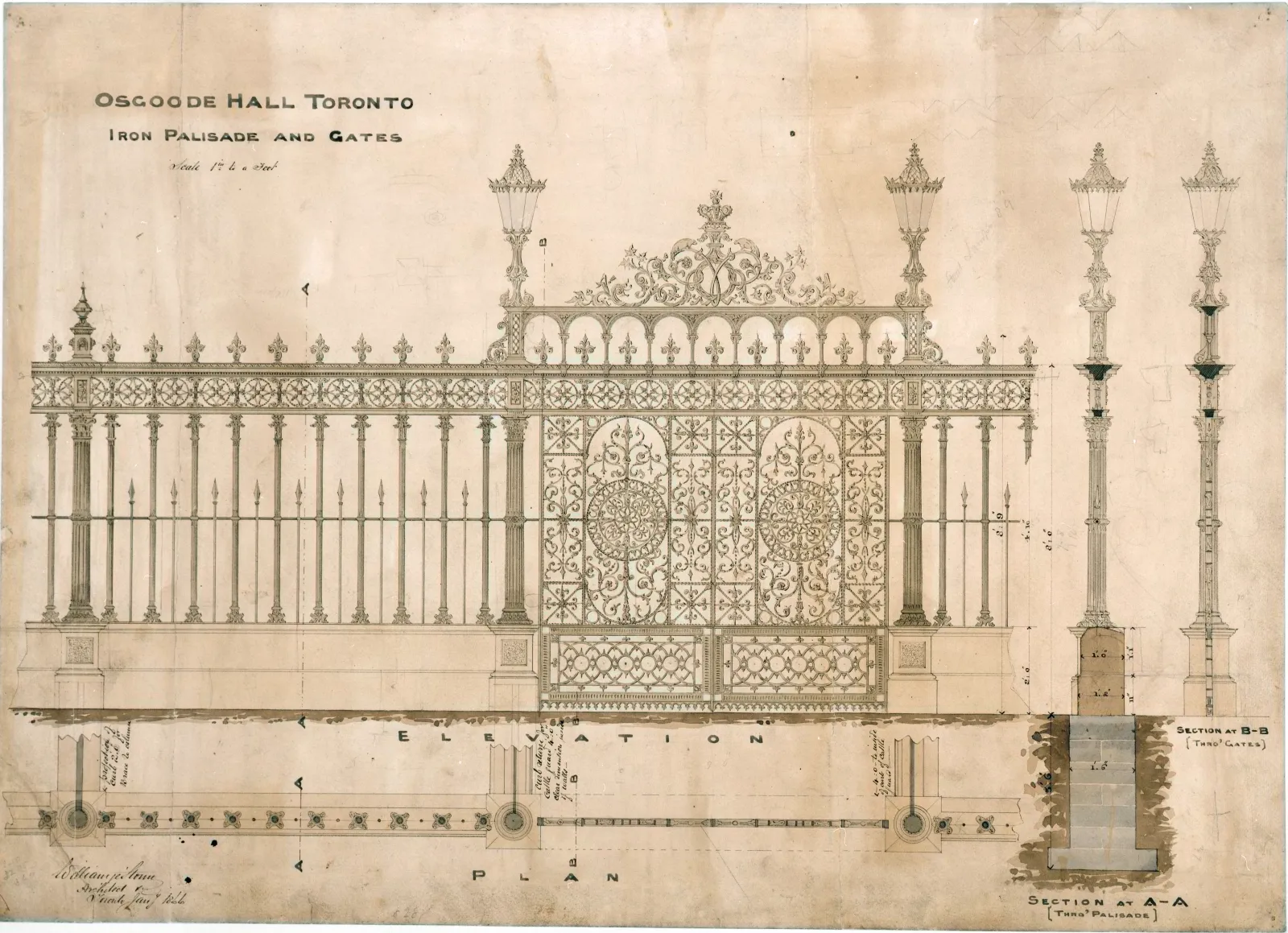 Architectural drawing of the iron palisade and gates, showing a front elevation of the ornate cast-iron panels and the V-shaped restrictive gates.
