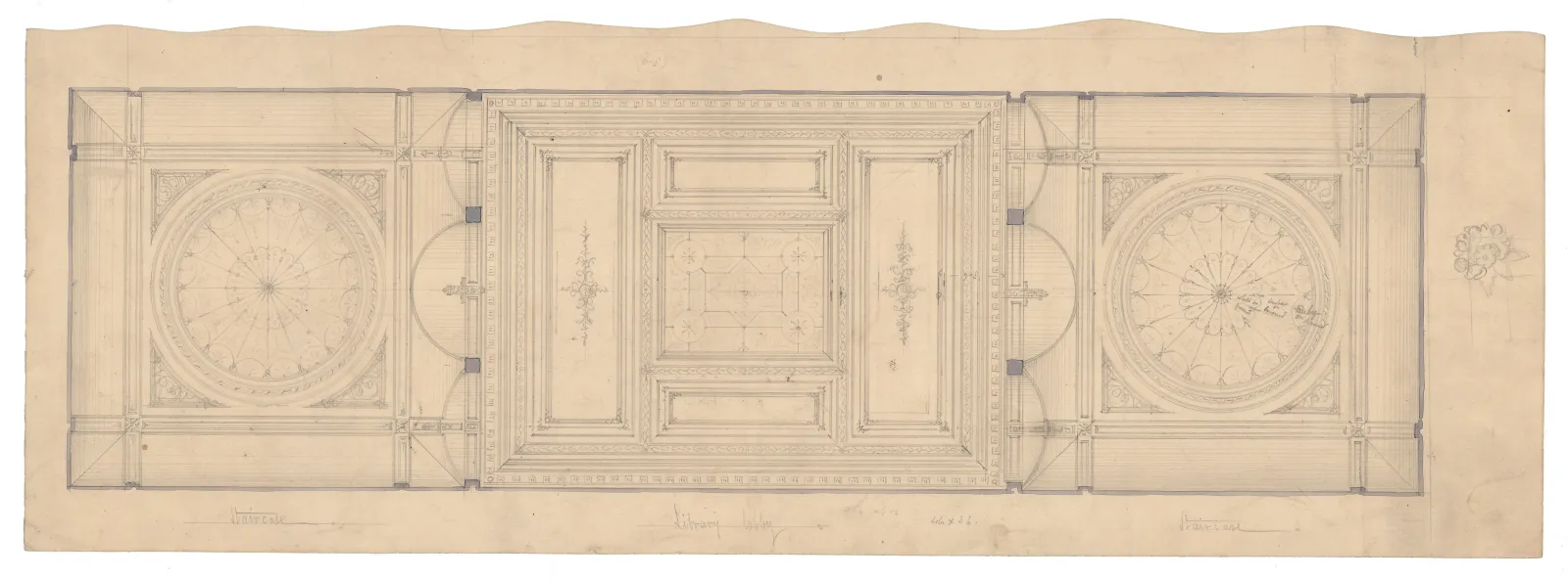 Dessin architectural du plafond du palier de la bibliothèque d’Osgoode Hall, qui montre une disposition symétrique détaillée avec deux dômes circulaires richement ornés et un plafond central rectangulaire ouvragé.