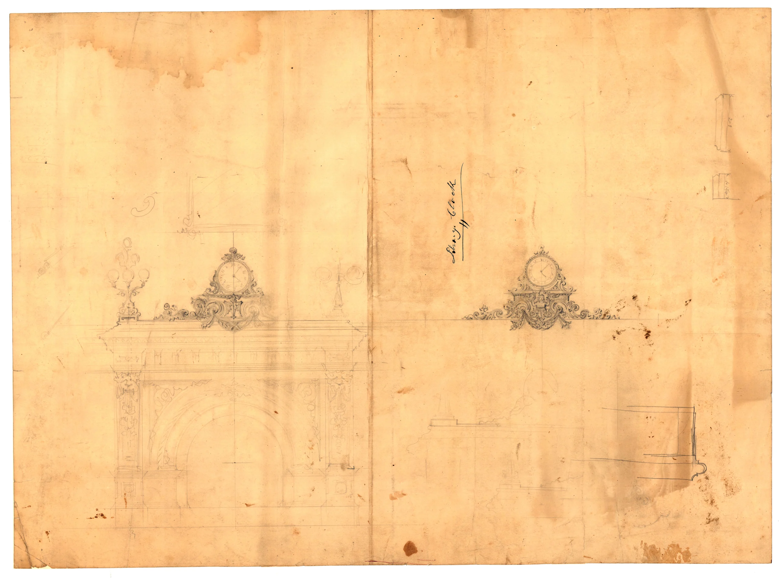Architectural drawing showing an incomplete sketch of the Great Library fireplace and clock featuring ornate details.
