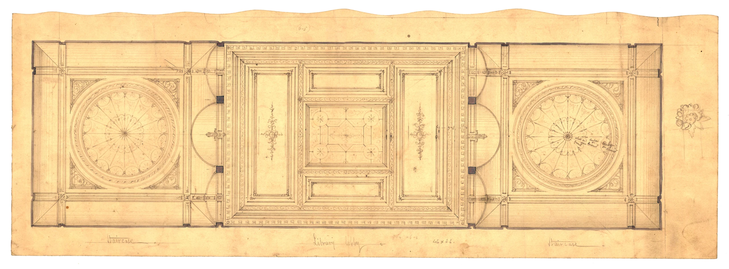 Architectural drawing of the Osgoode Hall library lobby ceiling, showing a detailed symmetrical layout with two ornate circular panels and an intricate central rectangular ceiling composition.