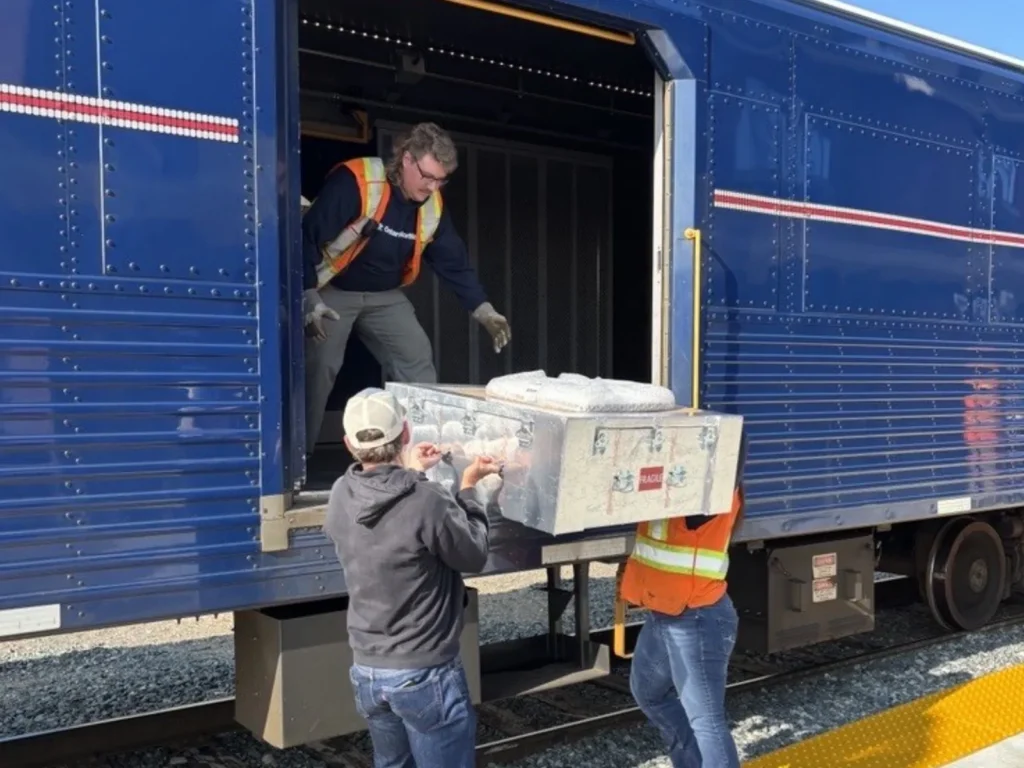 Three people load a large metal case onto a blue railcar at a train station platform.