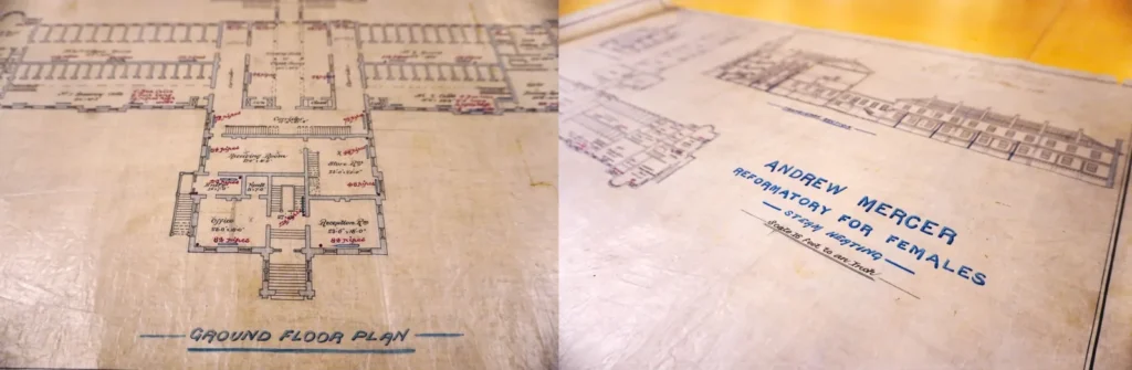 Two pictures of an architectural drawing showing a steam heating system. The plans include detailed floor layouts, room labels, measurements, and heating infrastructure annotations from Department of Public Works records.