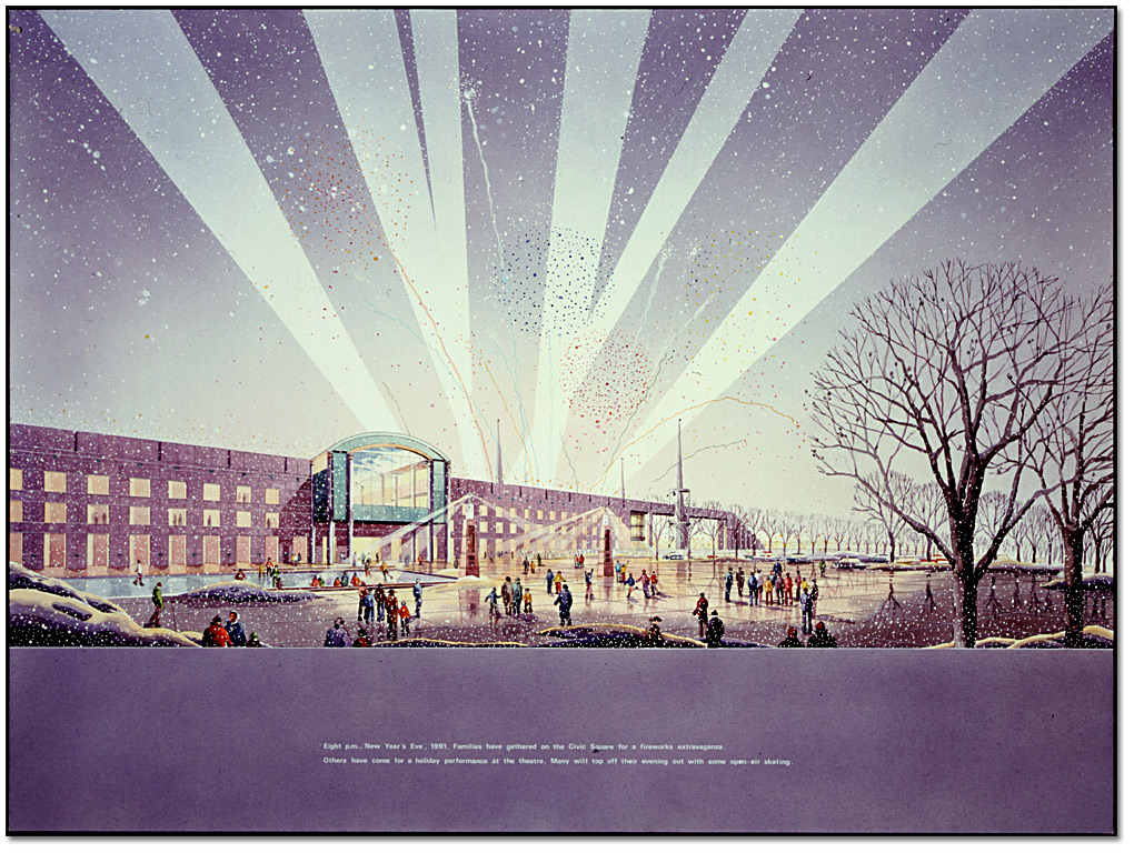 Design proposé pour le centre civique de Markahm - perspective [vers 1986]