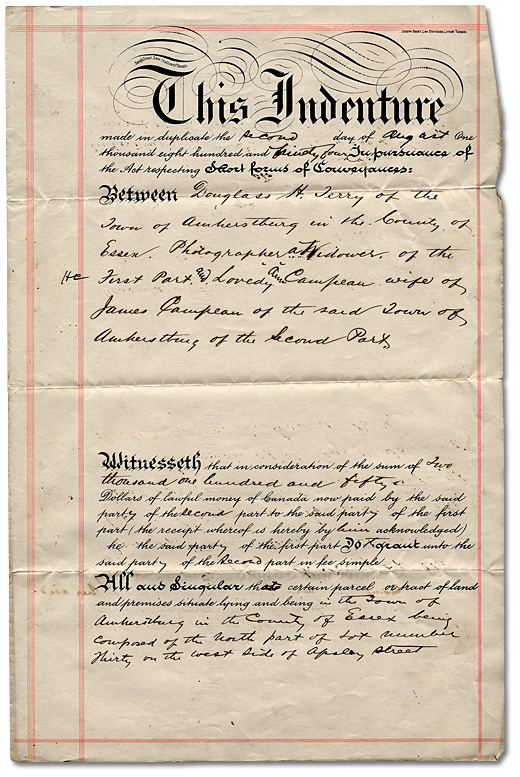 Deed of Land for town lot in Amherstburg from Douglas Terry, Photographer to Lovedy Ann Campeau, 1894