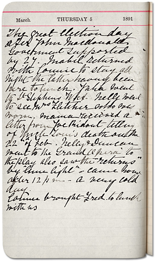 Diary page for 5 Mar. 1891, Wilmot Cumberland diaries