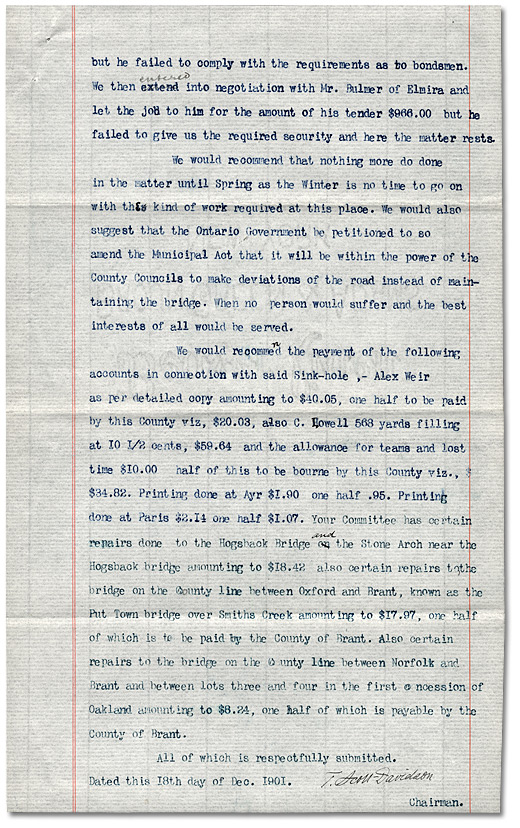 Memorandum from Chairman of Committee on Roads and Bridges to Brant County Council, 1901