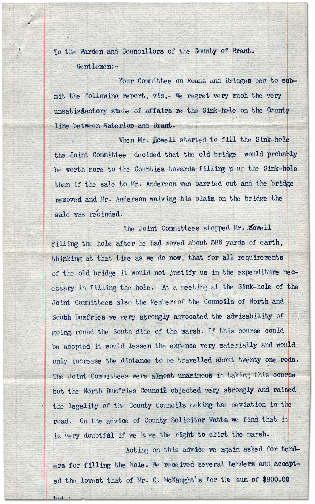 Note du président du comité des routes et des ponts au conseil du comté de Brant, 1901 - page 1