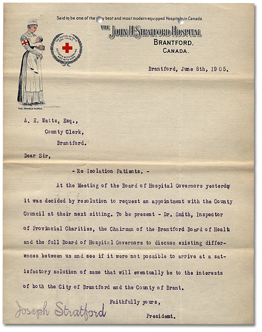 Letter from John H. Stratford Hospital President to County Clerk, 1905