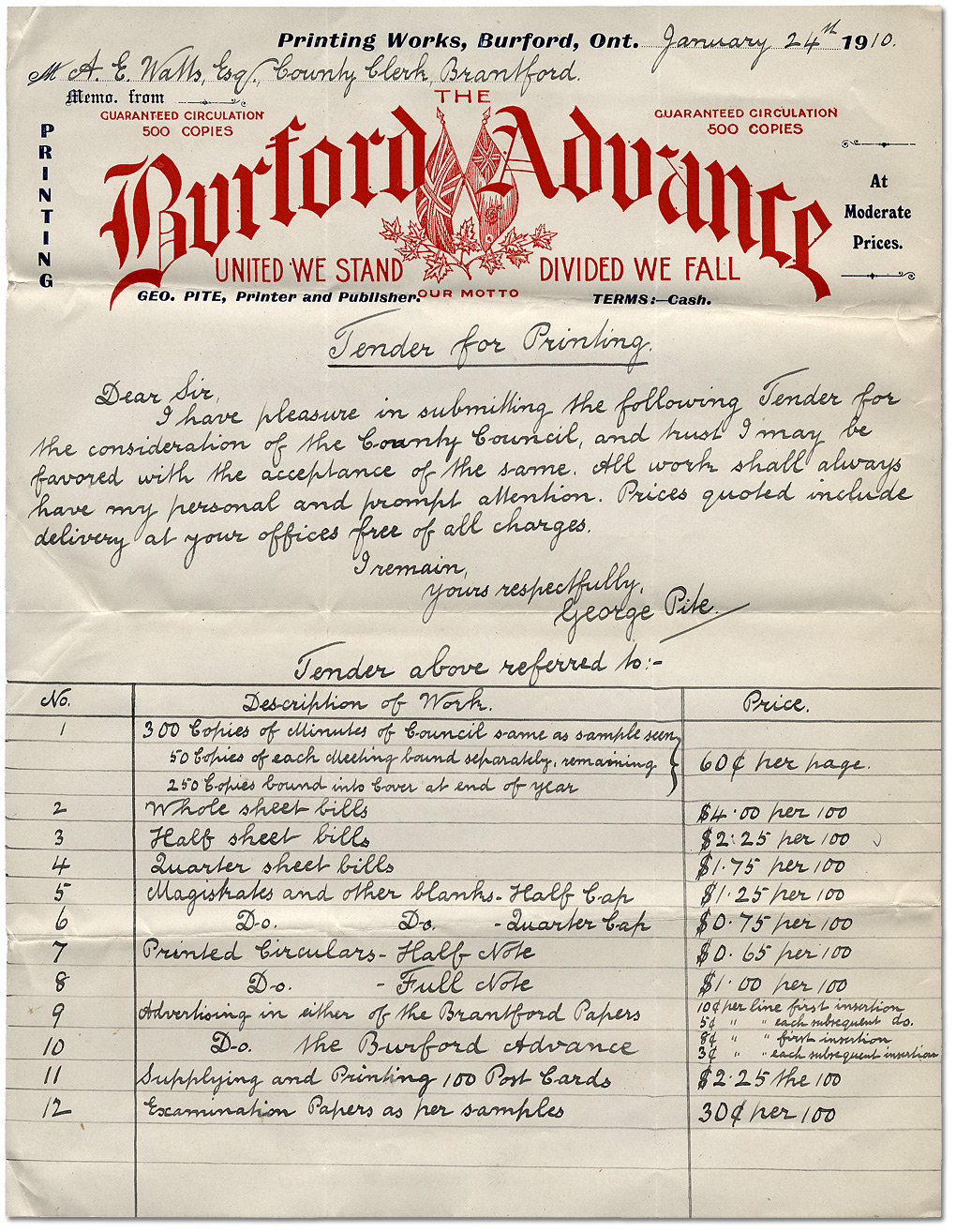 Soumission pour des services d'imprimerie, 24 janvier 1910