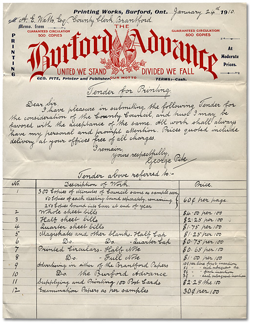 Tender for Printing, January 24, 1910