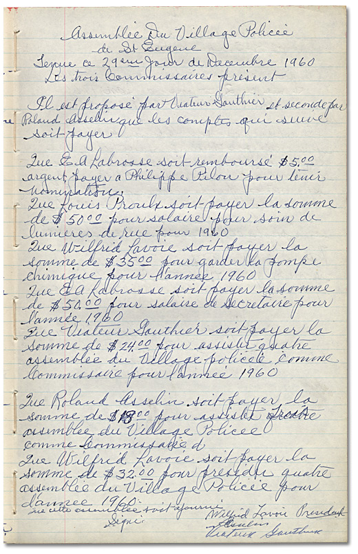 Minute Book of the Police Village of St. Eugène, 1959-1974, page 1