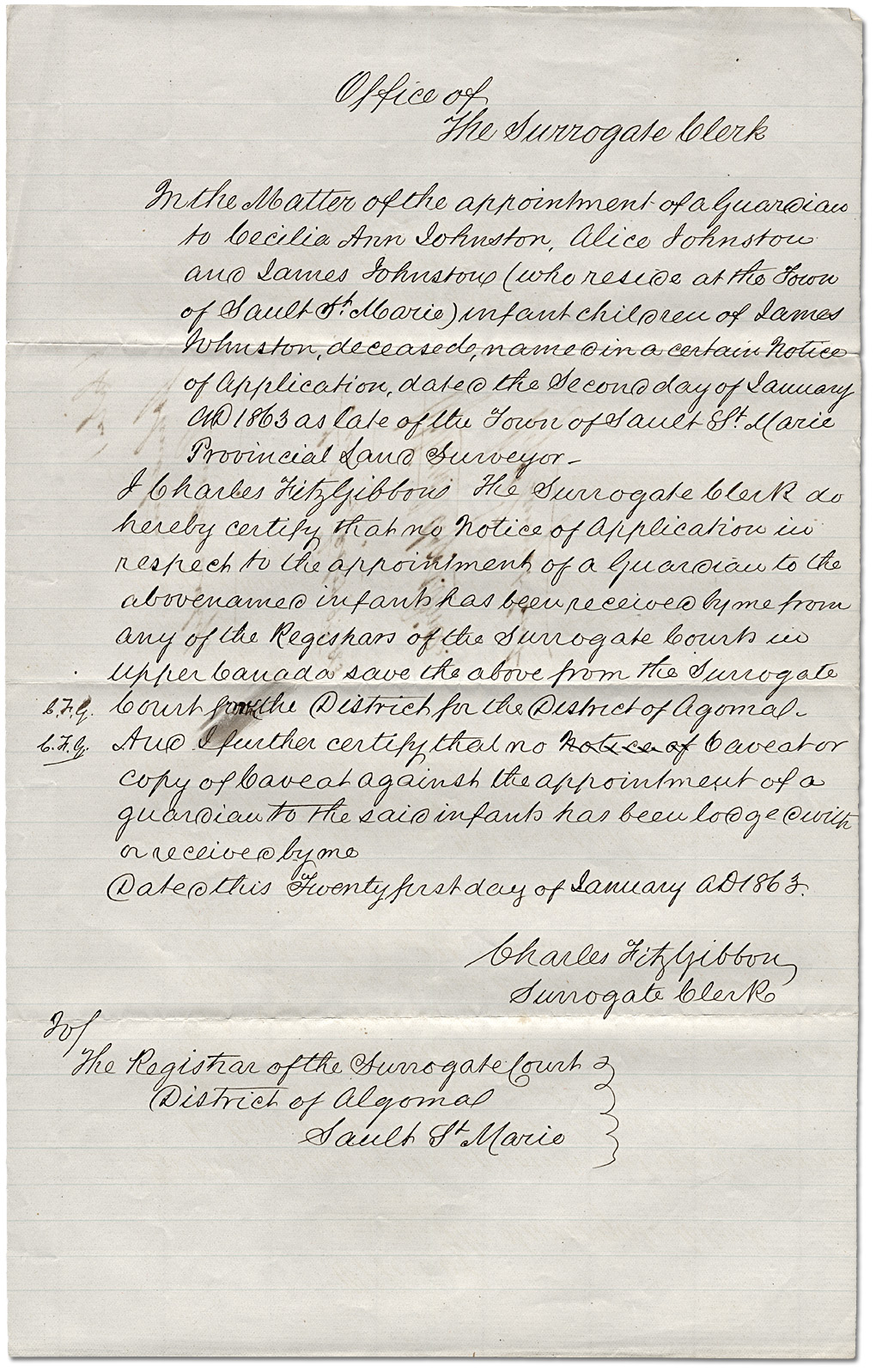 Ordre de tutelle des enfants Johnston de Sault Ste. Marie, 1863