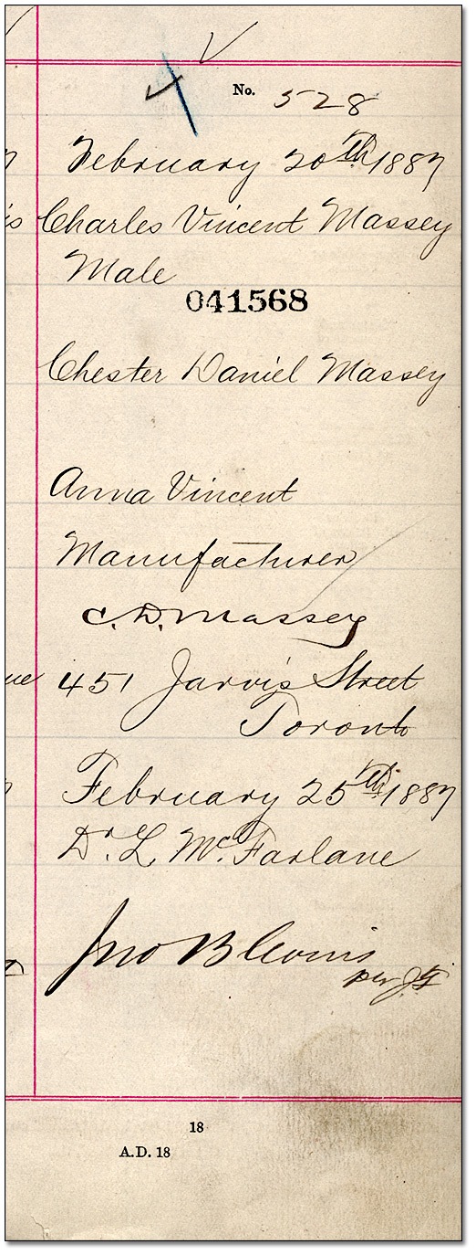 Enregistrement de naissance de Charles Vincent Massey, 20 février 1887